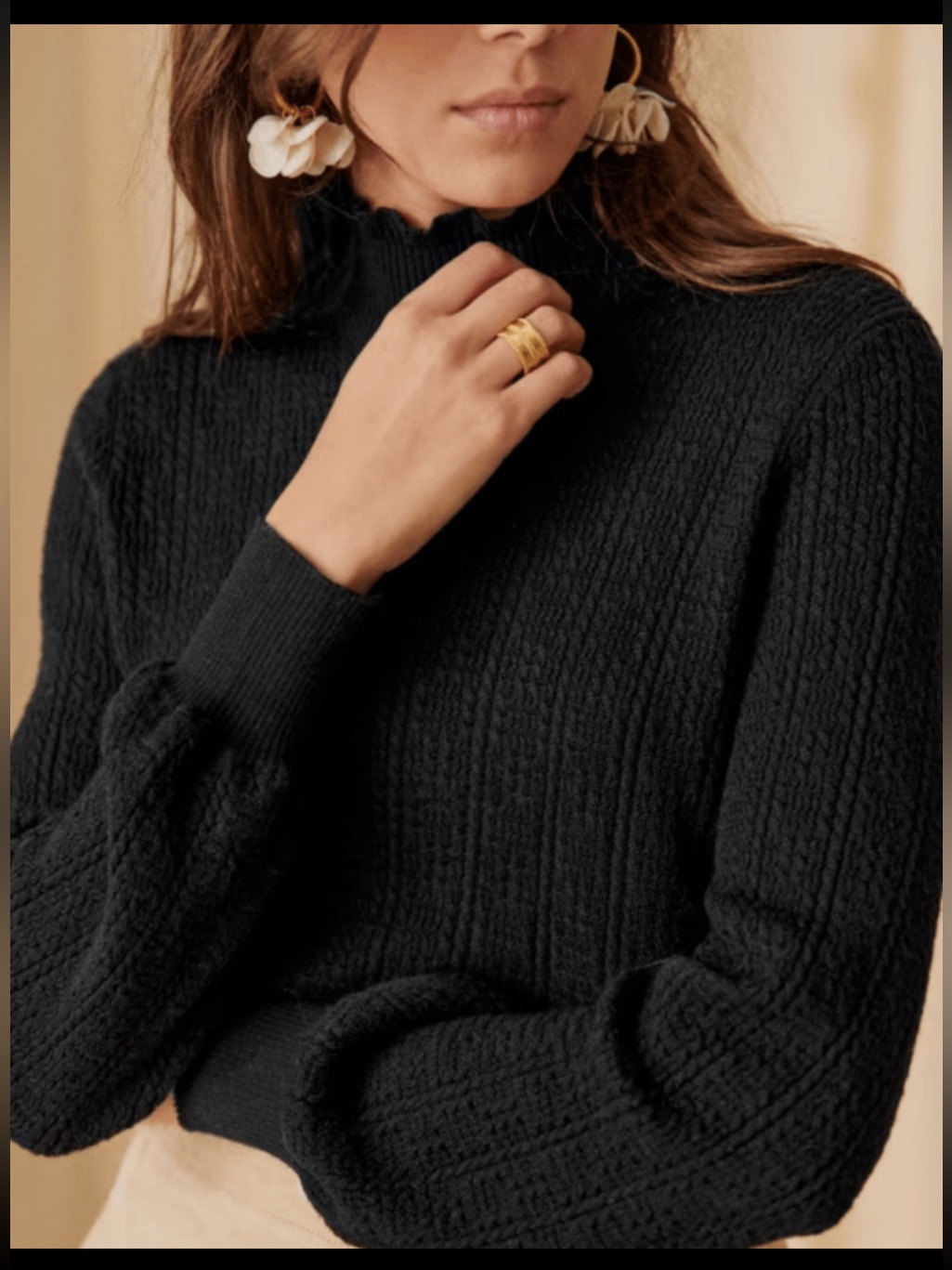Sezane Rosalia Merino Wool Ruffle Neck Sweater Jumper In Black - Size Xs